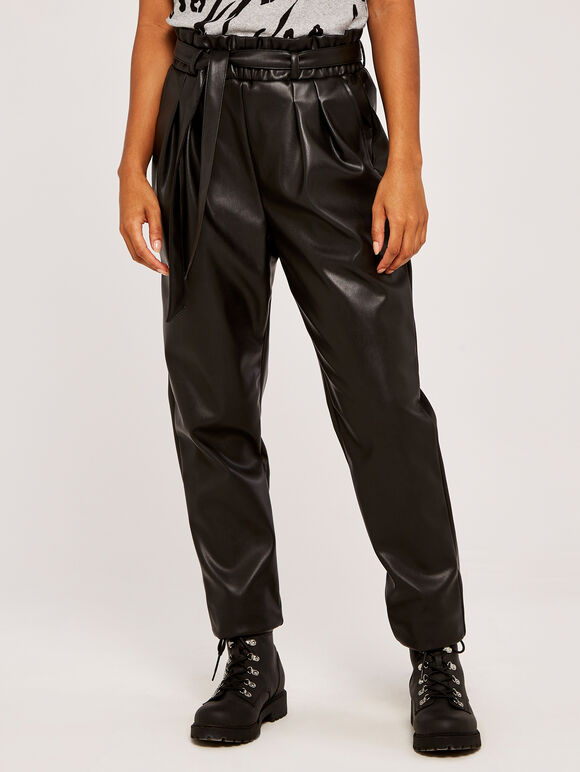 Leather Look Paperbag Trousers, Black, large