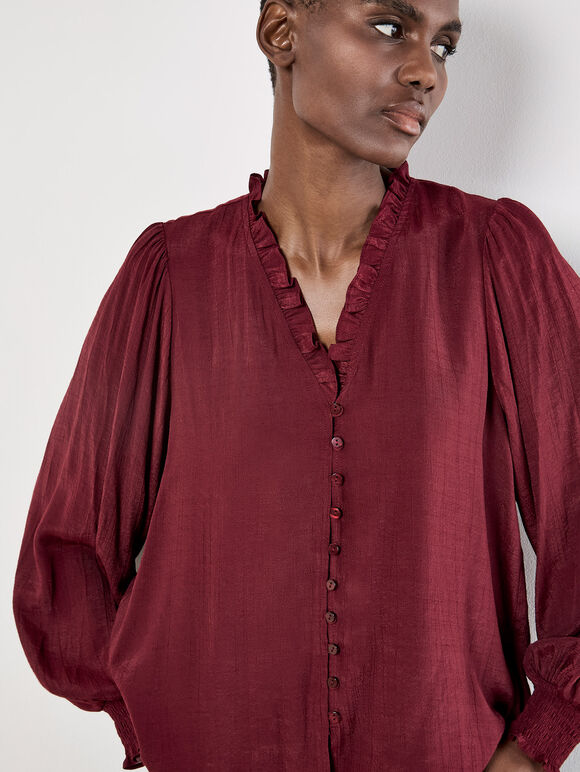 Ruffle Collar Blouse, Burgundy, large
