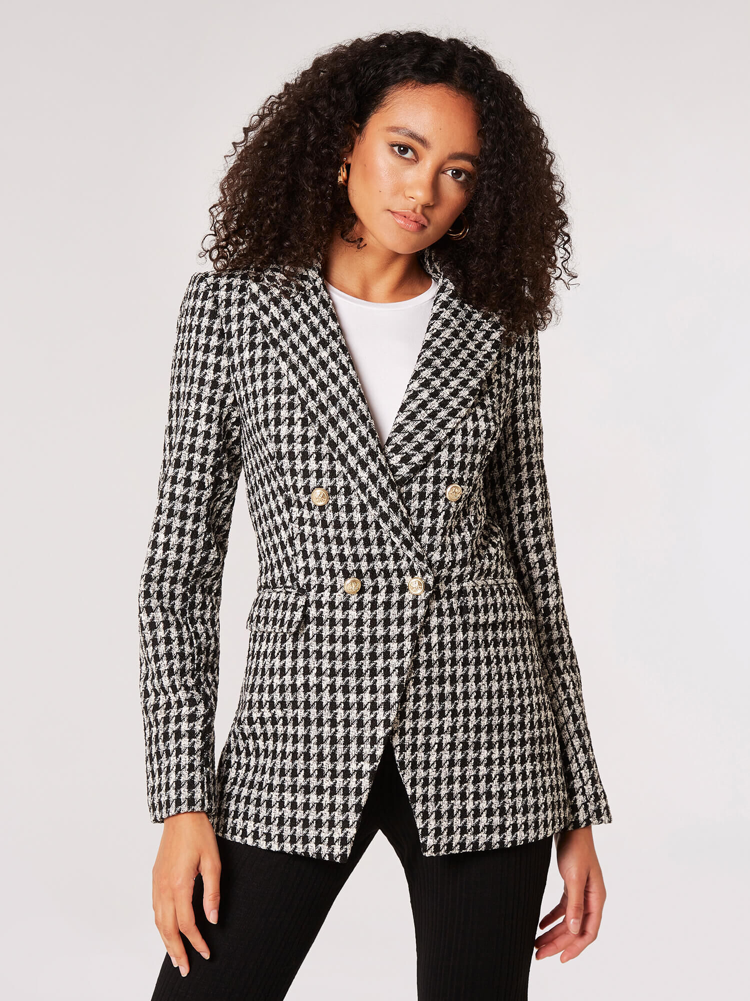 Dogtooth Tweed Blazer Apricot Clothing