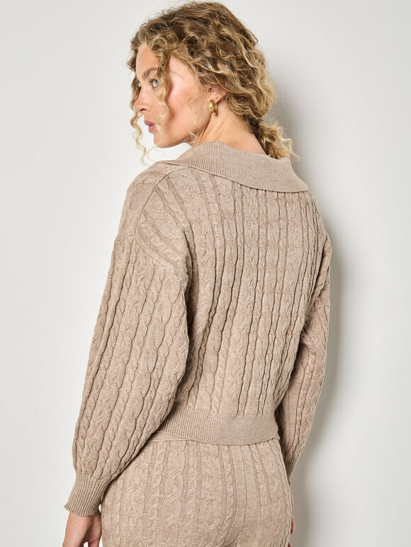Twisted Cable Knit Crop Jumper, Stone, large