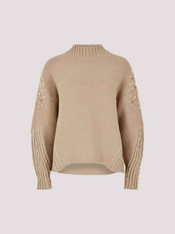 Pearl Gemstone Embellished Jumper, Brown, large