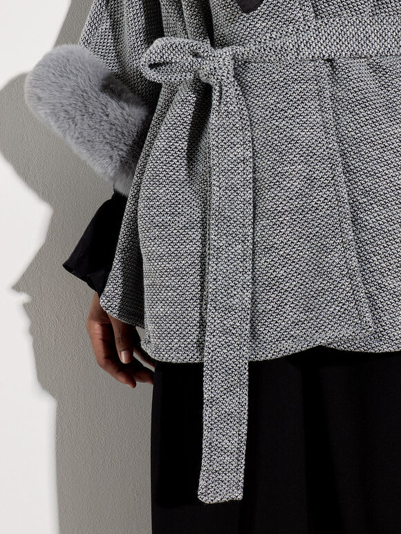 Faux Fur Trim Tweed Cape, Grey, large
