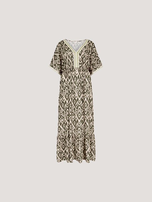 Ikat Swirl Shimmer Maxi Dress, Khaki, large