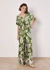 Tropical Leaf Print Satin Wide Leg Trousers, Green, large