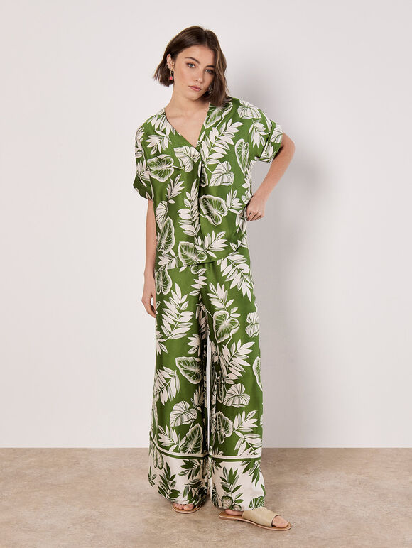 Tropical Leaf Print Satin Wide Leg Trousers, Green, large