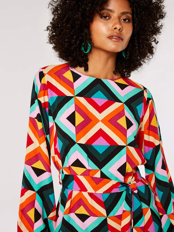 Retro Geometric Belted Mini Dress, Aqua - Turquoise, large