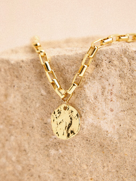 24K Gold Plated Hammered Coin Necklace, Gold, large