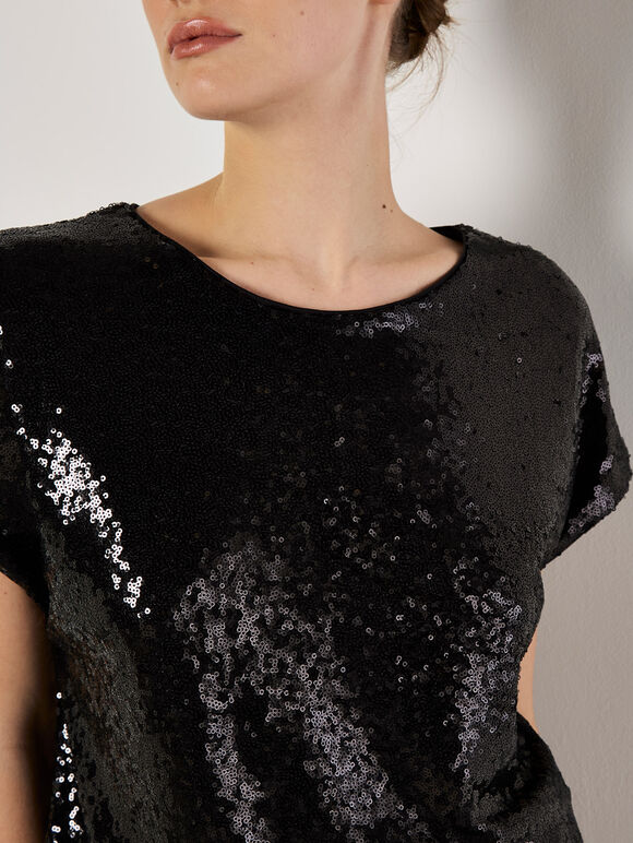 Sequin Crop T-Shirt, Black, large