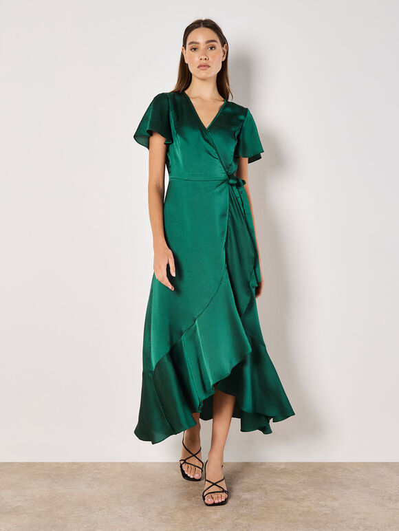 Satin Ruffle Wrap Maxi Dress, Green, large