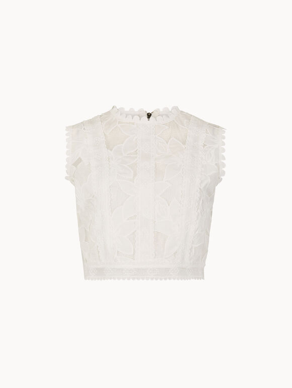 Floral Mesh Lace Crop Top, White, large