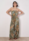 Bandeau Leaf Wide Leg Jumpsuit, Khaki, large