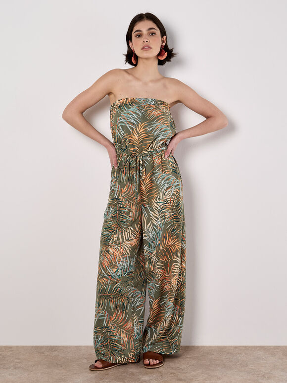 Bandeau Leaf Wide Leg Jumpsuit, Khaki, large