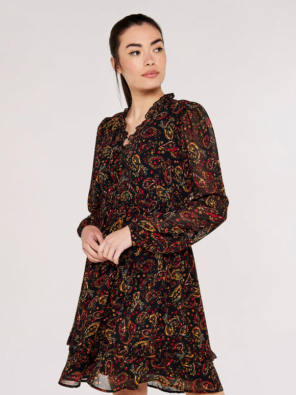 Paisley Ruffle Mini Dress , Black, large