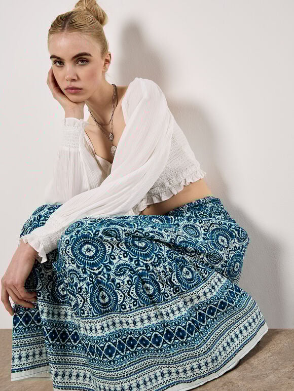 Batik Print Smocked Maxi Skirt, Blue, large