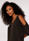 Metallic Sparkle Cold Shoulder Top, Brown, large