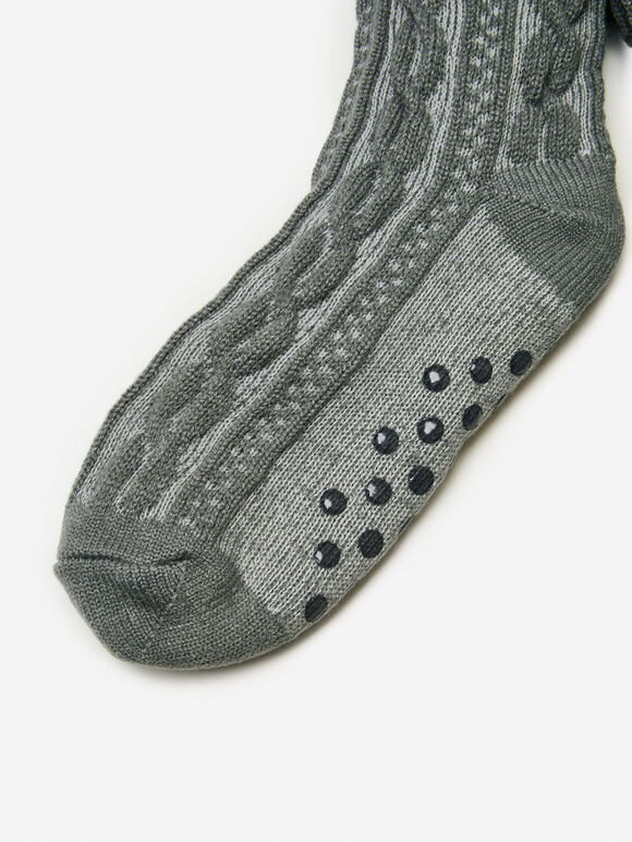 Fluffy Lining Aran Knit Socks, Grey, large