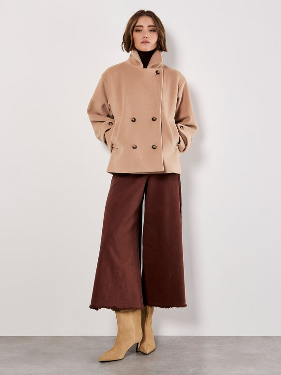 Tailored Short Peacoat Jacket, Brown, large