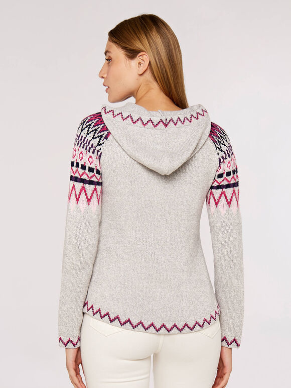 Fairisle Pocket Hoodie Jumper, Grey, large