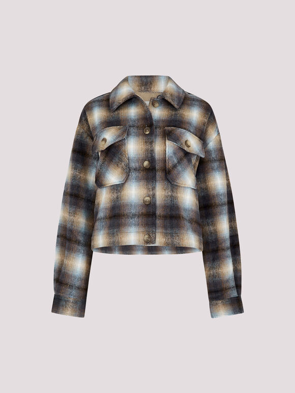 Brushed Check Cropped Jacket, Blue, large