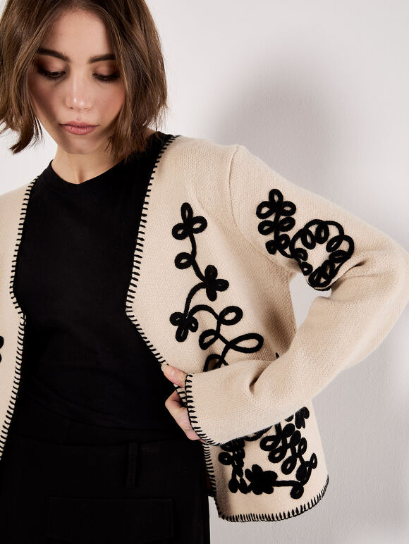 Swirl Embroidered Blanket Stitch Cardigan, Stone, large