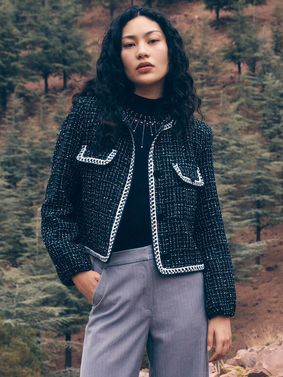 Tweed Cropped Jacket, Black, large