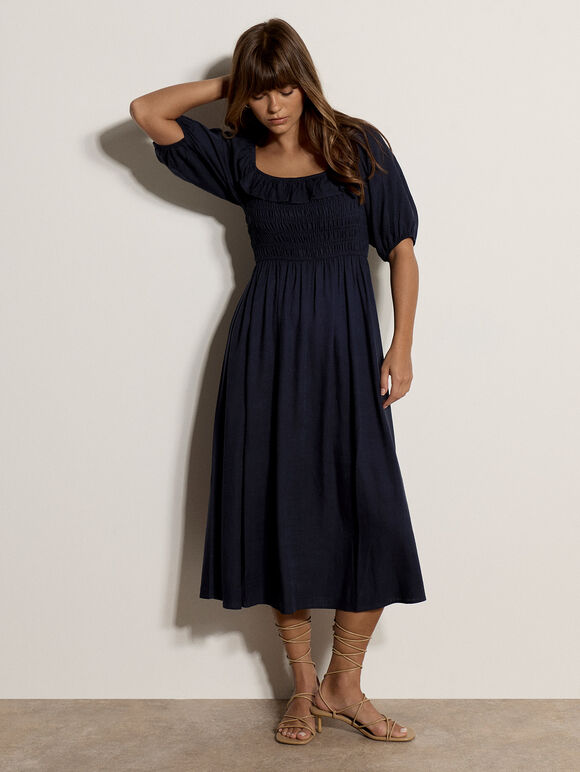 Smocked Bardot Maxi Dress, Navy, large