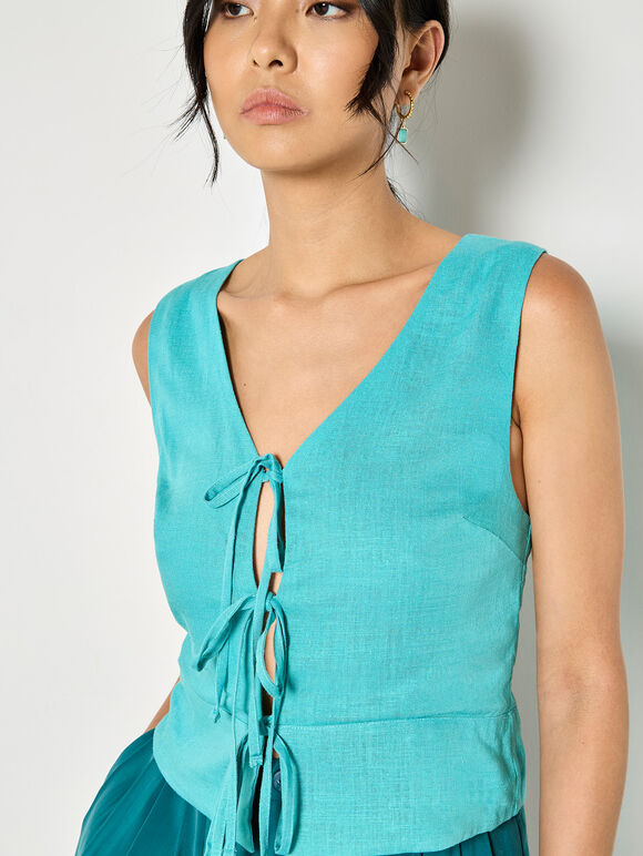 Tie Front Linen Waistcoat, Aqua - Turquoise, large