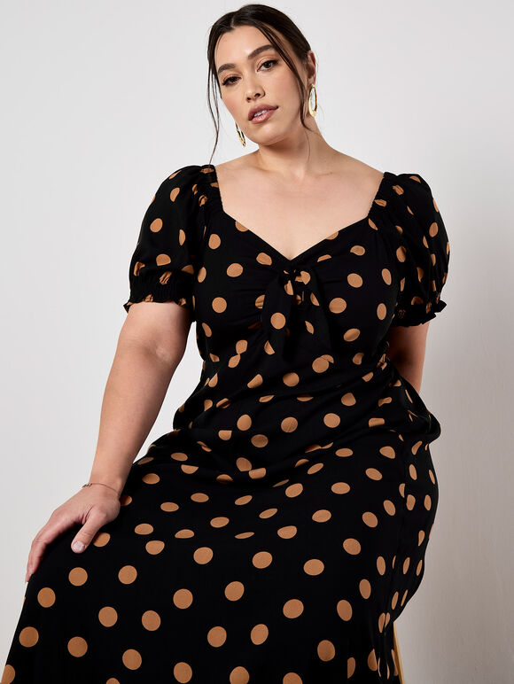 Polka Dot Bow Detail Midi Dress, Black, large