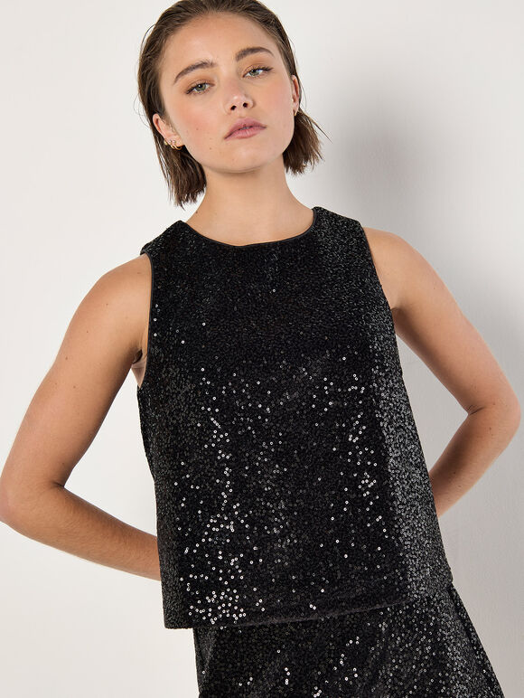 Sequin Velvet Sleeveless Top, Black, large