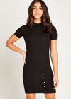 Ribbed High Neck Stud Dress, Black, large