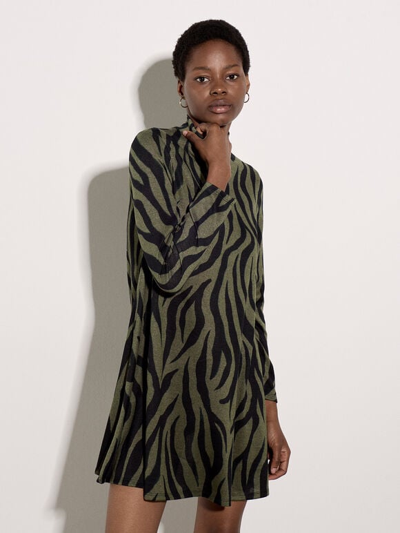 Zebra Print Swing Mini Dress, Khaki, large