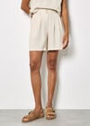 Linen Blend Pleated Mini Shorts, Stone, large