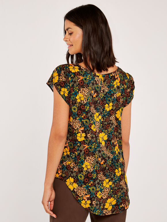 Retro Floral Tulip Sleeve Top, Black, large