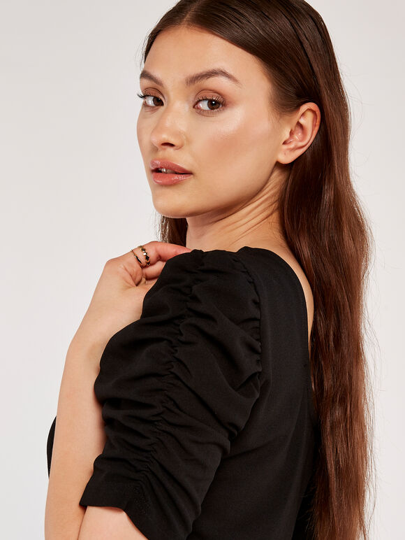 Ruched Sleeve Bodycon Dress, Black, large