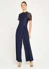 Mock Neck Lace Top Jumpsuit, Navy, large