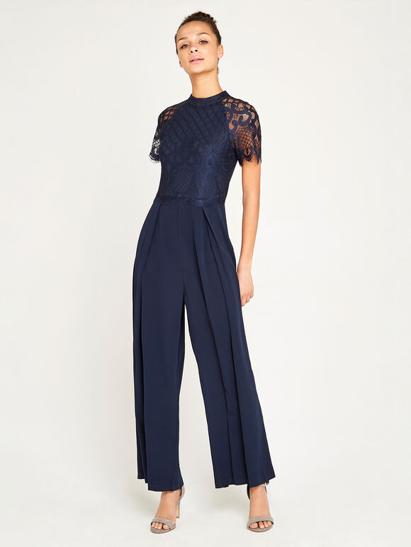 Mock Neck Lace Top Jumpsuit, Navy, large