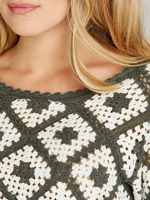 Crochet Short Sleeve Top, Khaki, large