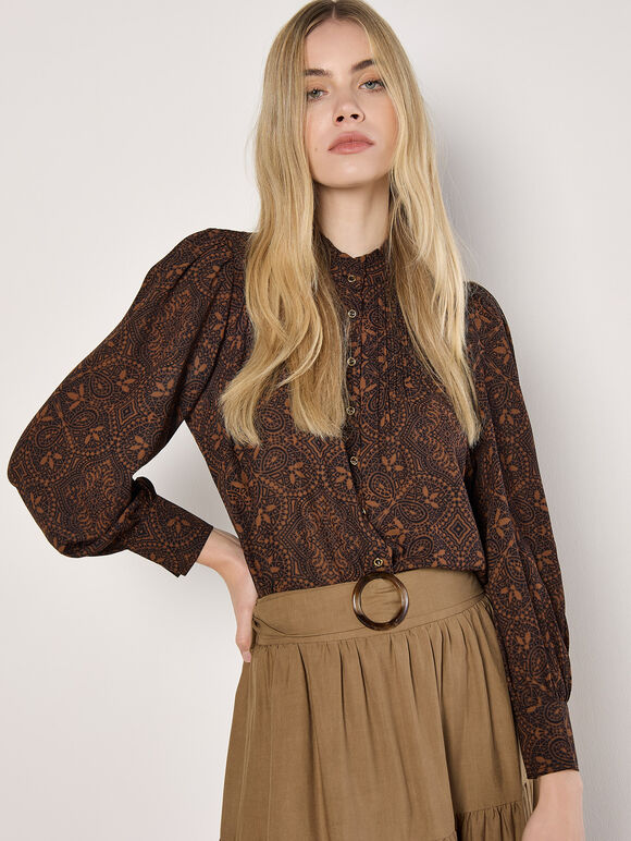 Mosaic Print Chiffon Ruffle Blouse, Brown, large