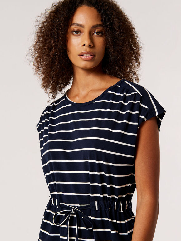 Stripe Drawstring Waist Mini Dress, Navy, large