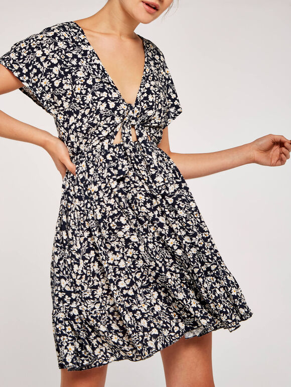 Floral Tie Front Dress, Navy, large