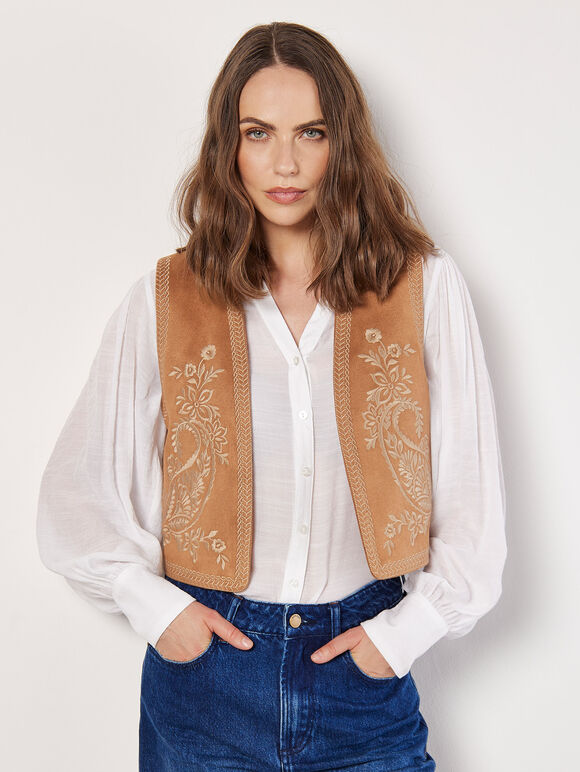 Embroidered Suedette Waistcoat, Brown, large