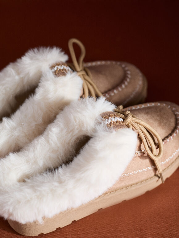 Sherpa-Lined Slip-On Moccasins, Stone, large
