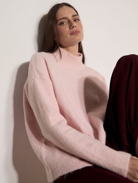 Boucl&eacute; Knit Mock Neck Jumper, Pink, large