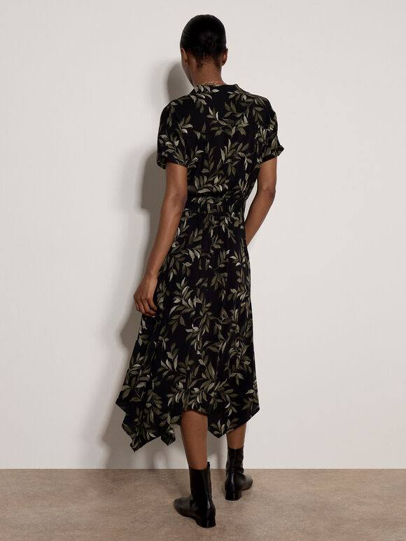 Leaf Print Shirt Midi Dress, Khaki, large