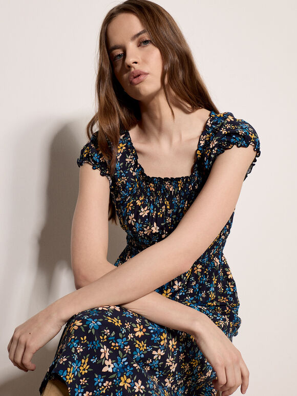 Ditsy Floral Print Milkmaid Midi Dress, Blue, large