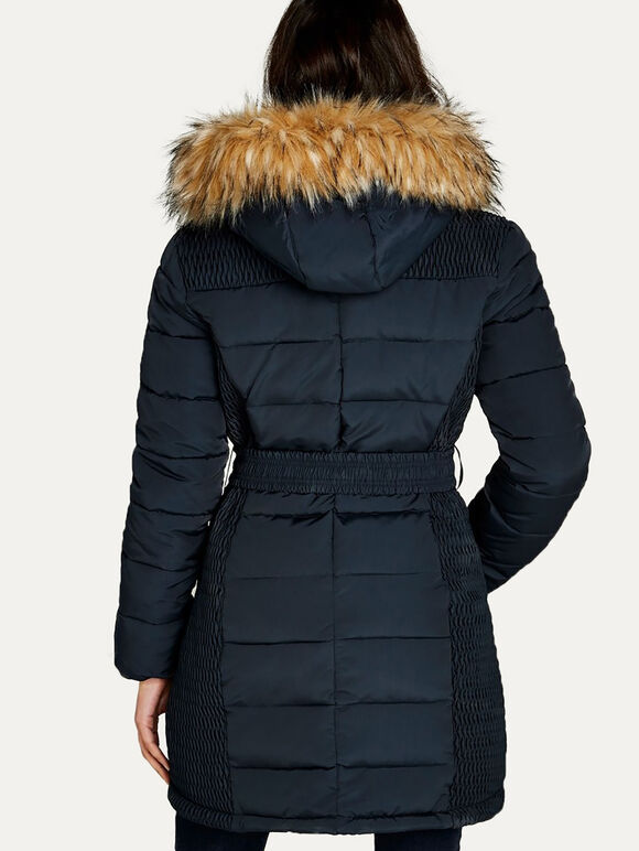 Longline Faux Fur Hood Puffer Jacket, Navy, large