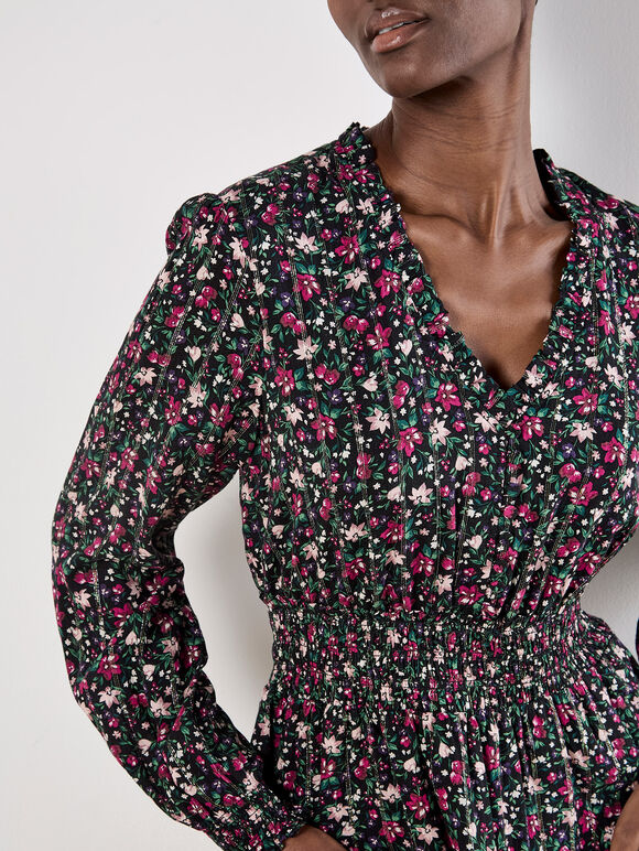 Ditsy Floral Shimmer Mini Dress, Black, large