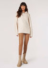 Chunky Cable Knit Zip Neck Jumper, Stone, large