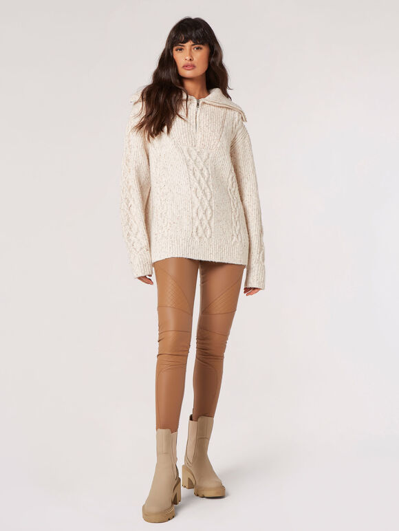 Chunky Cable Knit Zip Neck Jumper, Stone, large