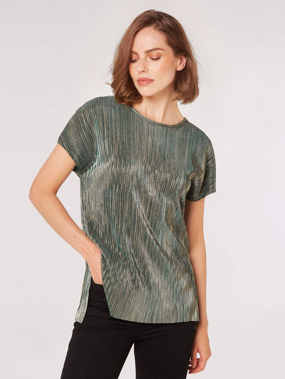 Metallic Plisse V-Back Top, Green, large